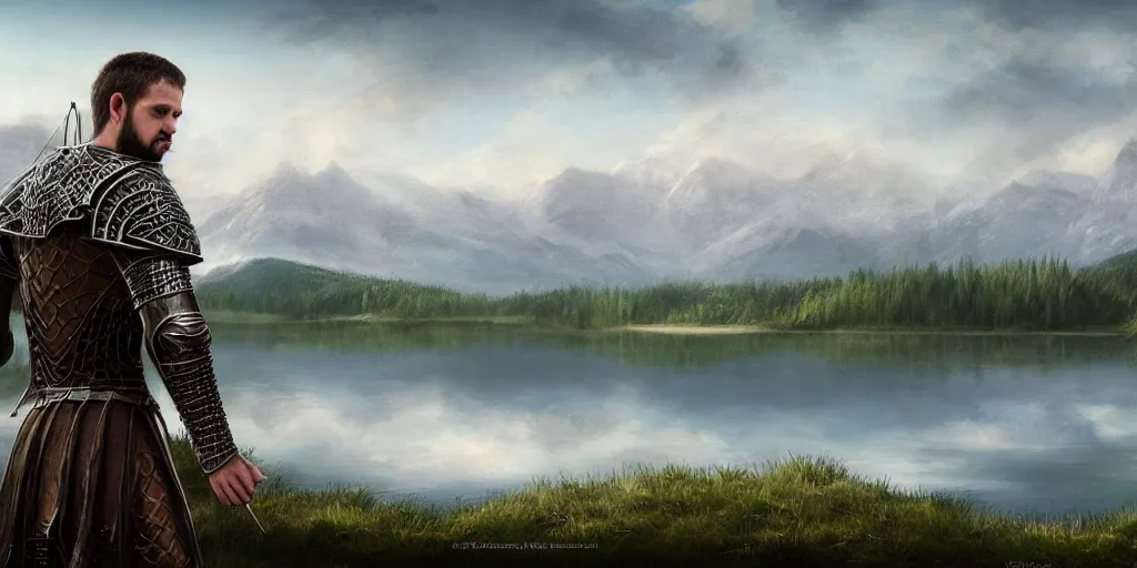 Image similar to beautiful landscape of small lake at midday with distant mountains and close - up of a symmetric detailed man in realistic detailed medieval armor, ultra realistic, highly detailed, hd, sharp focus, cinematic lighting, realistic, vivid colors, gritty, matt painting, digital art, non blurry, sharp, artstation, concept art, smooth, illustration