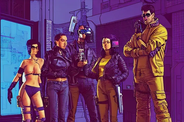 Prompt: cyberpunk heist crew. portrait by stonehouse and mœbius and will eisner and gil elvgren and pixar. character design. realistic proportions. dystopian. cyberpunk 2 0 7 7 character art, blade runner 2 0 4 9 concept art. cel shading. attractive face. thick lines. the team. diverse characters.