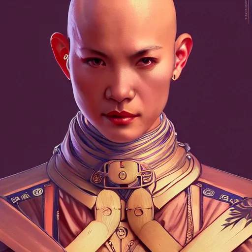 Image similar to 3 / 4 portrait of a stunning warrior monk in a cyberpunk kowloon walled city, strong, dark, by artgerm and alphonse mucha and sorayama, trending on artstation, octane render