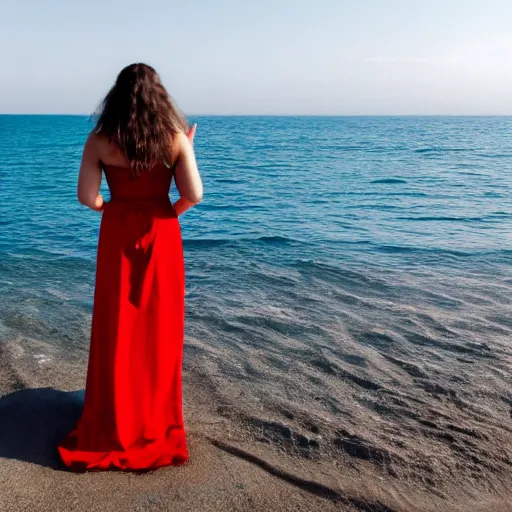 Prompt: woman with waving long hair, satin red dress, waist deep in the ocean, back view, first person view