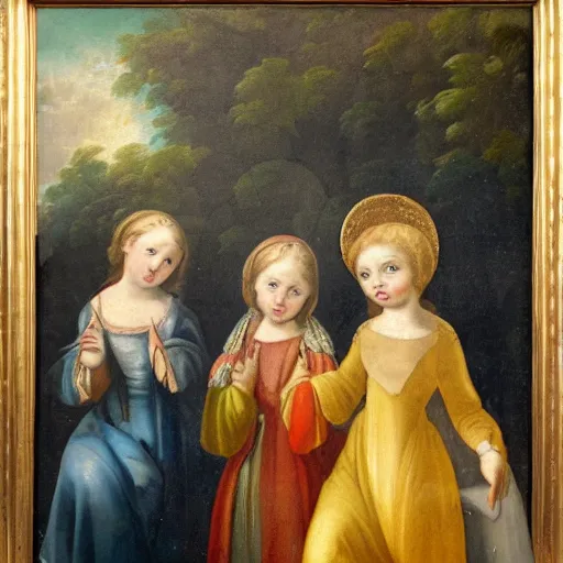 Prompt: 1 8 th century painting of 3 mary's, and 2 angels in the background