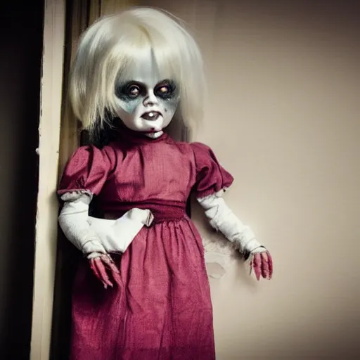 Image similar to evil creepy female killer doll standing in the room