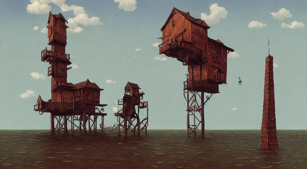 Image similar to single flooded simple crazy wooden tower, very coherent and colorful high contrast!! masterpiece by rene magritte simon stalenhag carl spitzweg syd mead norman rockwell edward hopper james gilleard, minimalist, dark shadows, sunny day, hard lighting