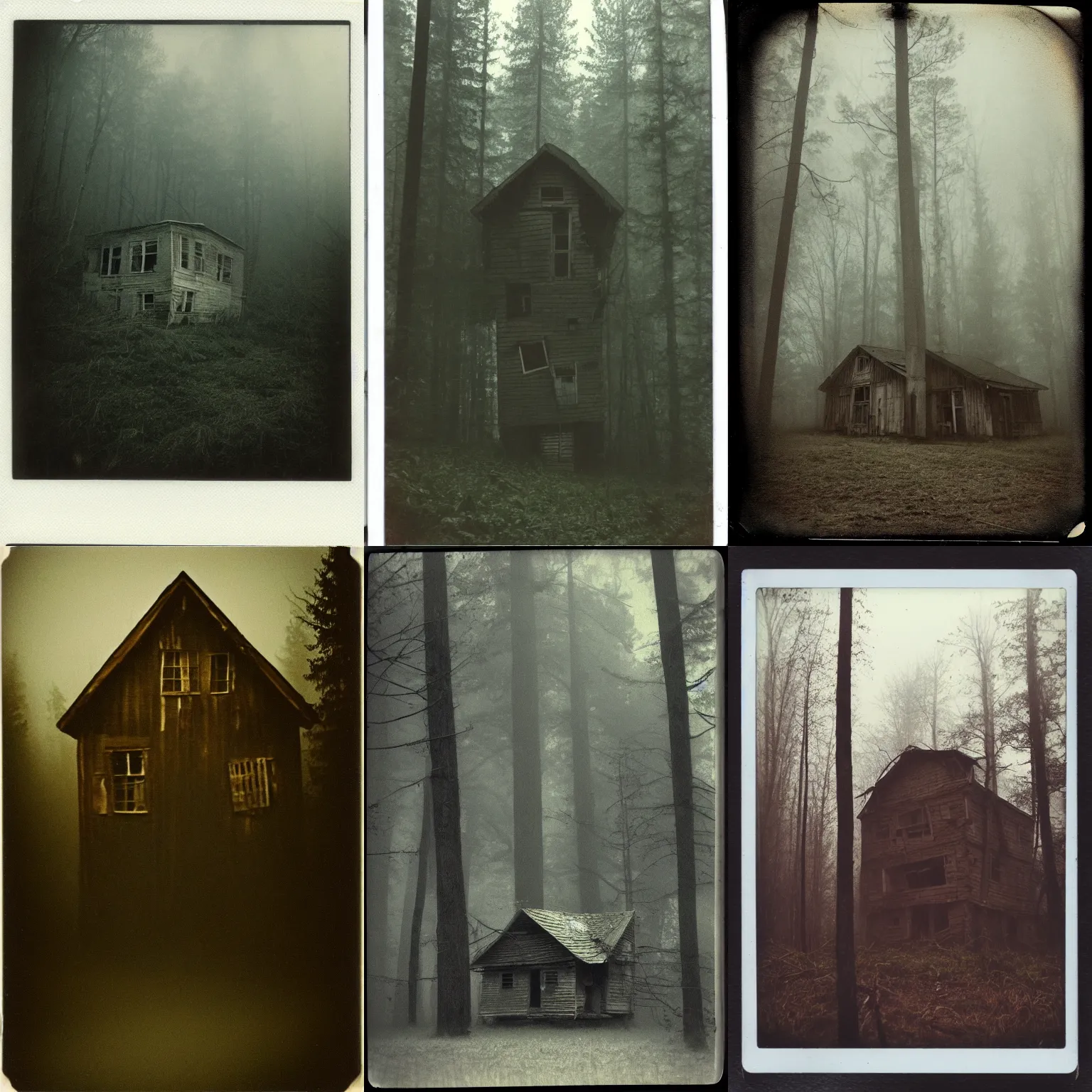 Prompt: Polaroid of an old ramshackle wooden house on the edge of a forest, foggy, creepy, scary, ominous, oppressive