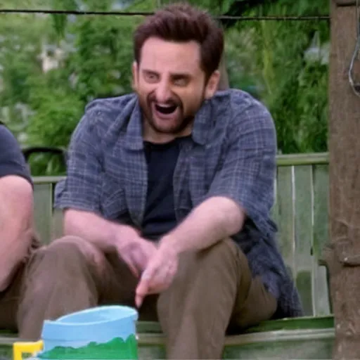 Image similar to Charlie Kelly and Michael Scott at the park, laughing and playing together, friendship, best friends