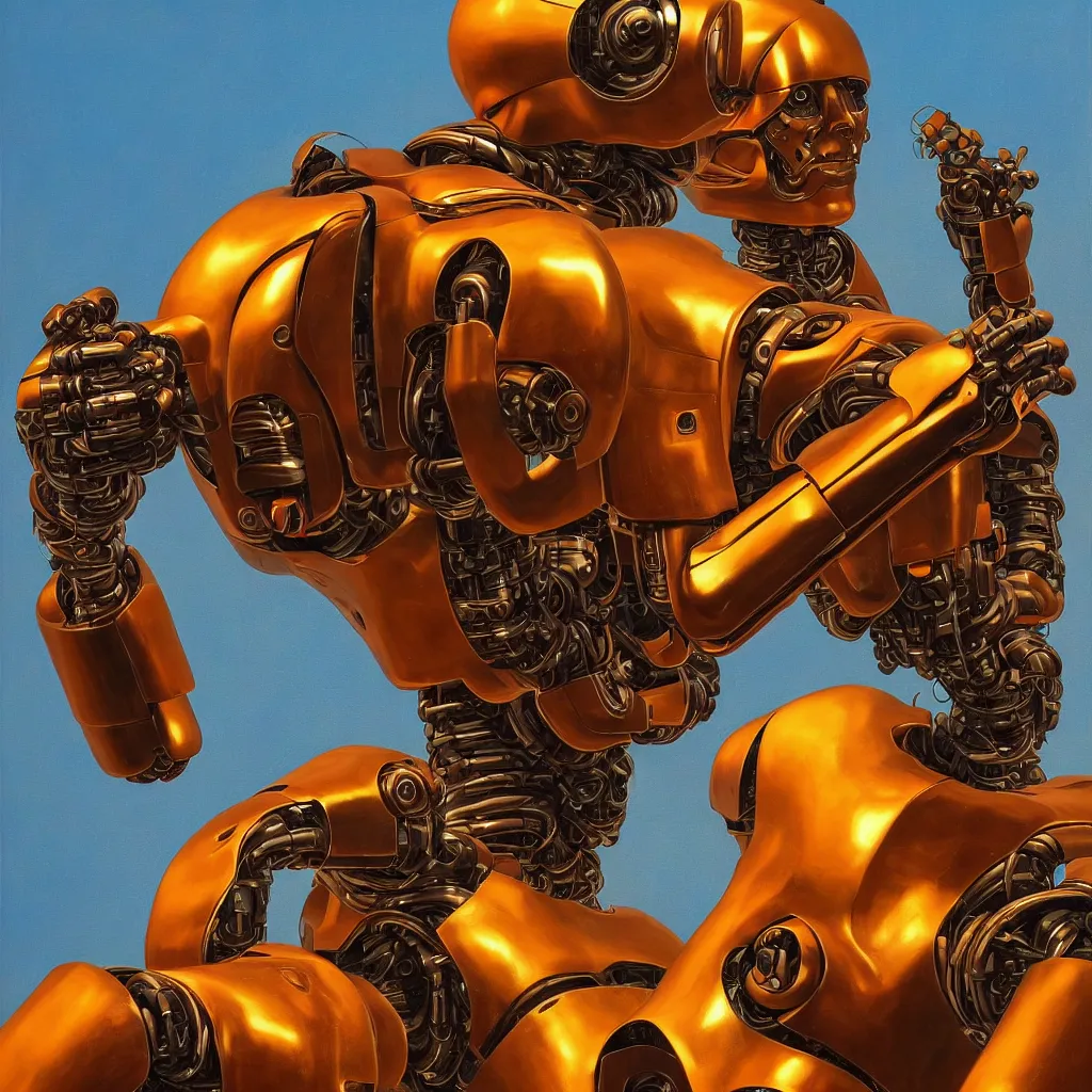 Image similar to portrait of a futuristic robot terminator in the style of Moebius + maxfield parrish + Thomas Ehretsmann, nice colors, hyper-realistic, intrincate, detailed, 8k, goauche painting, bright colors