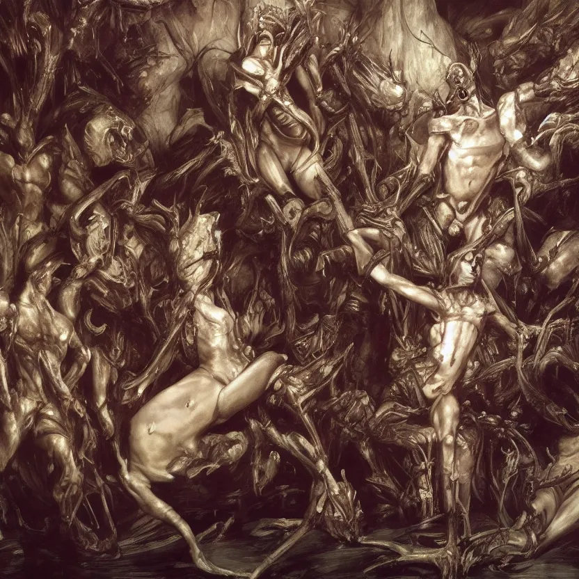 Image similar to still frame from Prometheus movie, Slaanesh succubus godess on a live bone throne by wayne barlowe by caravaggio by giger by malczewski, avantgarde 4k wallpaper