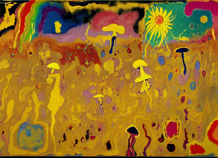 Image similar to expressionistic decollage painting golden armor alien zombie horseman riding on a crystal bone dragon broken rainbow diamond maggot horse in a blossoming meadow full of colorful mushrooms and golden foil toad blobs in a golden sunset, distant forest horizon, painted by Mark Rothko, Helen Frankenthaler, Danny Fox and Hilma af Klint, microsoft paint art, semiabstract, color field painting, byzantine art, jpeg compression artifact, pop art look, naive, outsider art, buff painting. Barnett Newman painting, part by Philip Guston and Frank Stella art by Adrian Ghenie, 8k, extreme detail, intricate detail, masterpiece