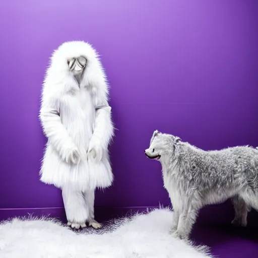 Prompt: A photo of a white fur monster standing in a purple room