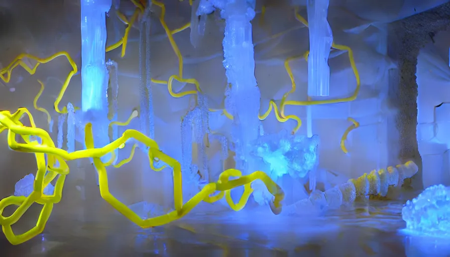 Image similar to liquid nitrogen with yellow water-cooling coolant flowing through latent representations of dark ice caverns undergoing centrifugal forces, illuminated by computer circuitry sticking out the walls, high detail, high contrast, low-poly elements, 90s low poly render, 4k upscaling