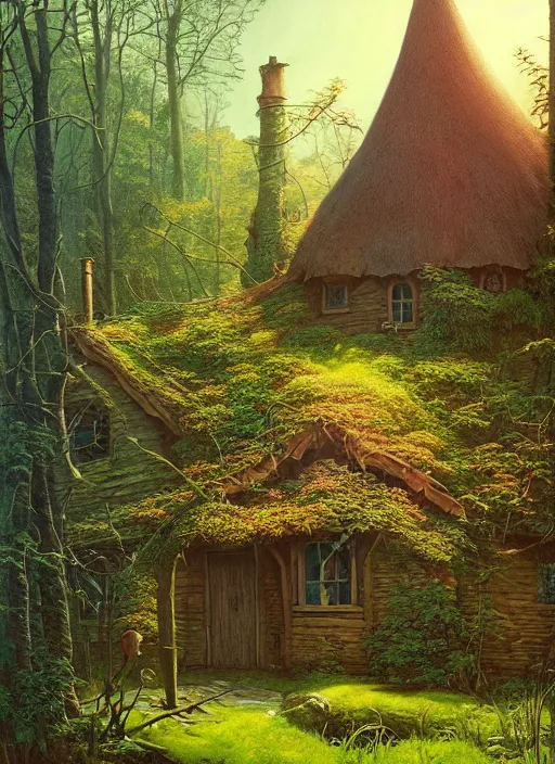 Image similar to hyper realistic witch cottage with happy lighting and technology in the woods gorgeous lighting, sunbeams blue sky, highly detailed photoreal, lush forest foliage painting by zdzisław beksinski and norman rockwell and greg rutkowski weta studio, and lucasfilm