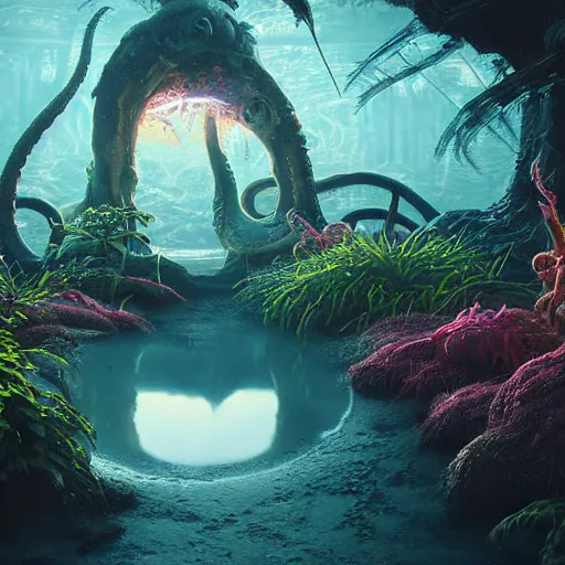 Image similar to soft painting render curiosities skulls tentacles eyeballs reflection refraction world synthwave ruins ponds alien vegetation, accurate features, focus, very intricate ultrafine details, rainbow lighting, dense fog, award winning masterpiece, octane render 8 k hd, dark fantasy