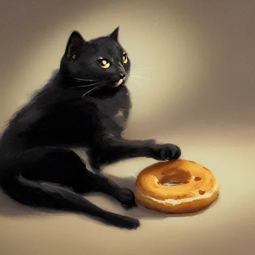 Image similar to a black fat cat holding a bagel!, art by greg rutkowski