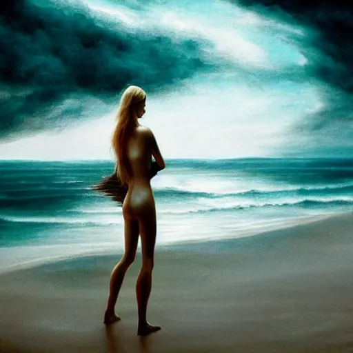 Prompt: silhouette of Elle Fanning on white sandy beach, stormy weather, extremely detailed masterpiece, white porcelain skin, oil on canvas, low-key neon lighting, artstation, Blade Runner 2049, Roger Deakin’s cinematography, by J. C. Leyendecker and Peter Paul Rubens,