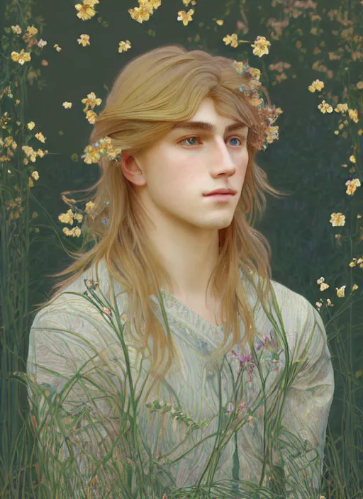 Image similar to pretty young man with shoulder length shiny shimmering golden blond hair, half body shot, decorative flowery background, path traced, highly detailed, high quality, digital painting, by studio ghibli and alphonse mucha, leesha hannigan, hidari, disney, jules bastien - lepage