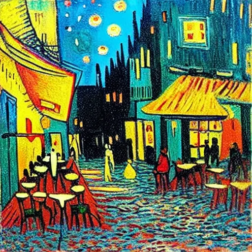 Prompt: “a sunlit cafe in Tel Aviv, busy, happy, in the style of Vincent Van Gogh”
