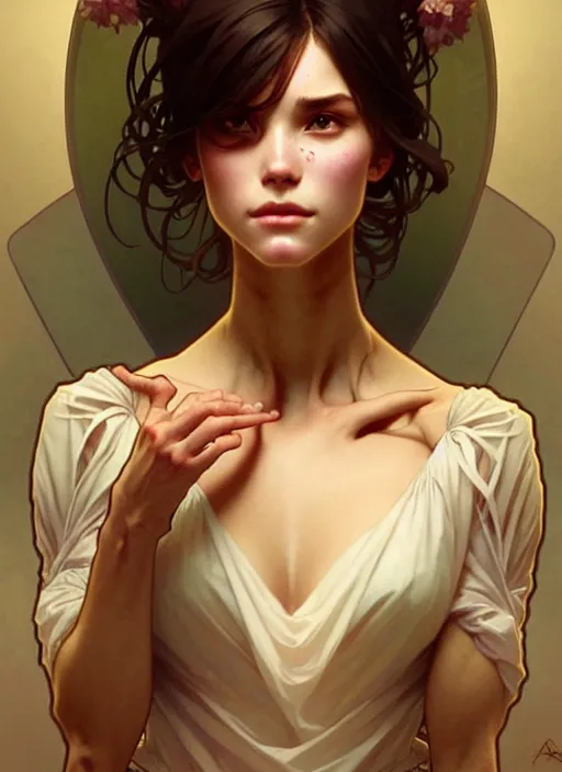 Image similar to dainty wilder face, incredibly detailed face, pretty face, light dress, true anatomy, art by artgerm and greg rutkowski and alphonse mucha