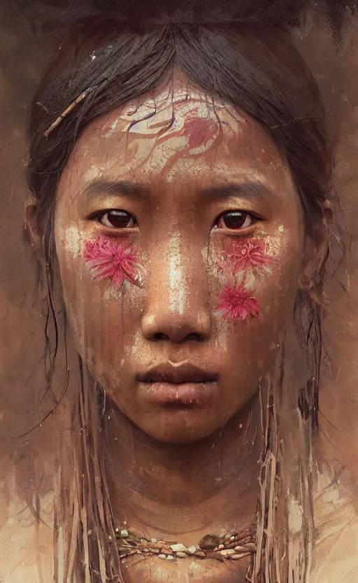 Image similar to detailed portrait of a tribal woman with asian eyes and thick lip forest girl, flowers and trees, by ismail inceoglu dragan bibin hans thoma greg rutkowski alexandros pyromallis nekro rene maritte illustrated, perfect face, fine details, realistic shaded, fine - face, pretty face