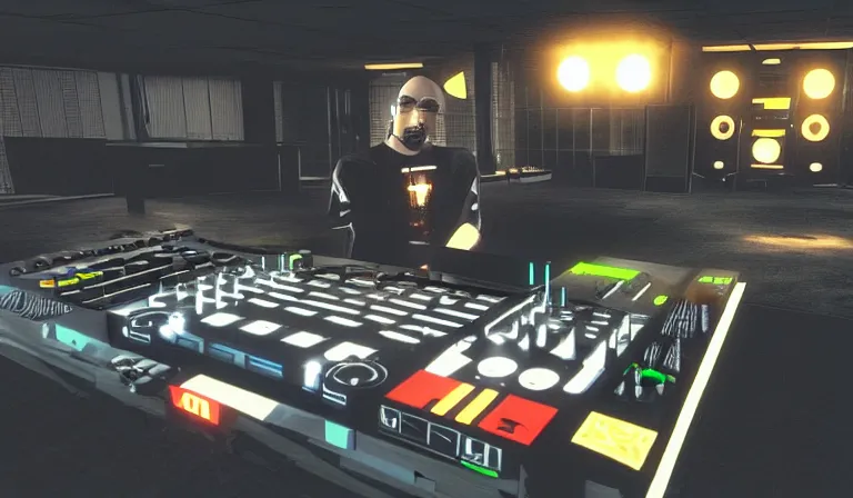 Prompt: ltj bukem npc in perfect dark giving you dj training, 9 0 s first person shooter, low poly, gameplay screenshot