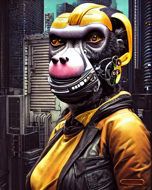 Image similar to a portrait of an anthropomorphic cyberpunk baboon by sandra chevrier, detailed render, tape deck, epic composition, cybernetics, 4 k realistic, cryengine, realistic shaded lighting, sharp focus, masterpiece, by matteo scalera, gary montalbano, peter elson in the style of the tokyo ghost comic