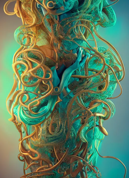 Image similar to subsurface scattering, medusa made of soft wax, cgsociety, translucent, wooden art nouveau swirls, biomechanical, colored smoke, gold cables, in the style of alberto seveso and beeple and giger, mystical colors, back light, rim light, dramatic lighting, 8 k, stunning scene, raytracing, octane render