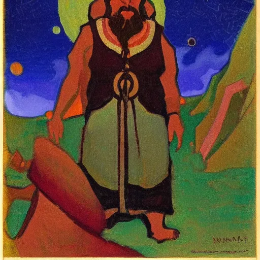 Prompt: Nicholas Roerich oil painting called Dwarf Almighty 1925 bright colors fear and reverence