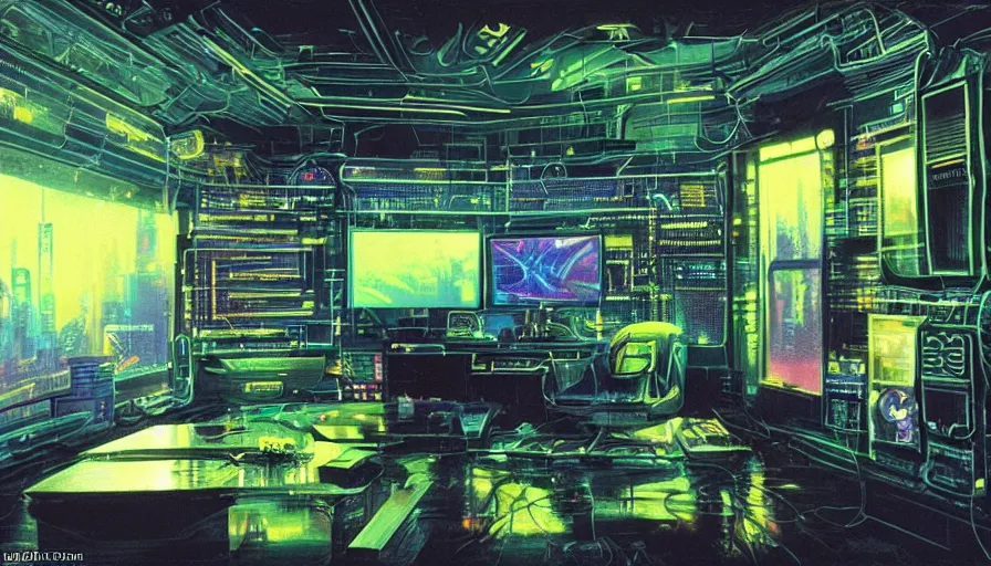 Prompt: A highly detailed rendering of a Cyberpunk hackers bedroom which has sophisticated hi-tech holographic wall boards and screens surrounded by messy cables, soft neon yellow lighting, reflective surfaces, sci-fi concept art, by Syd Mead, by H.R.Giger, highly detailed, oil on canvas