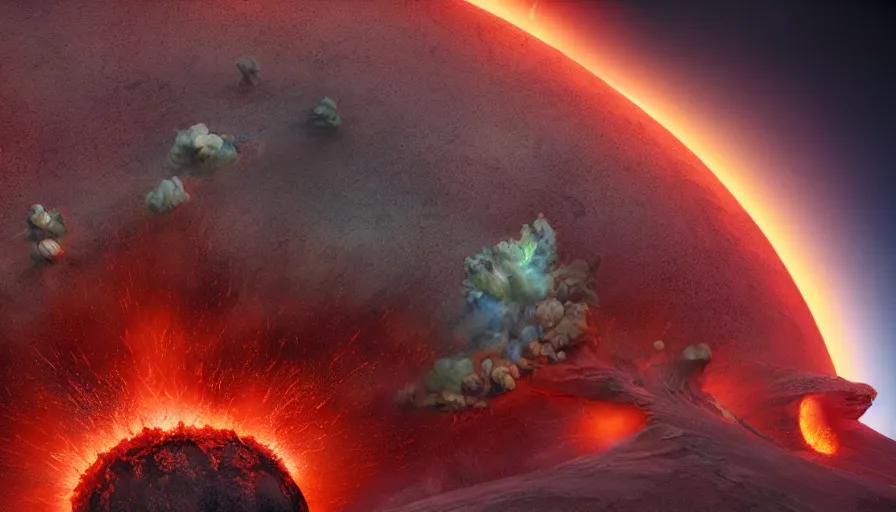 Prompt: an imax view of an exploding volcano on a beautiful exoplanet, art by james paick and roger dean and federico pelat and markus vogt, hyperrealism, science fiction, cinematic lighting