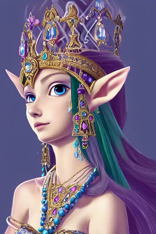 Image similar to beautiful very detailed portrait of a zelda princess with lots of jewelry in the face, full body, in the background there is a minimalistic palace, digital art , dramatic cinematic lighting rendered by octane, 8k, detailed, intricate, clean and textures, trending on artstation, treanding on deviantart, trending on cgsociety, pinterest, by Lauren Brevner + yasutomo oka