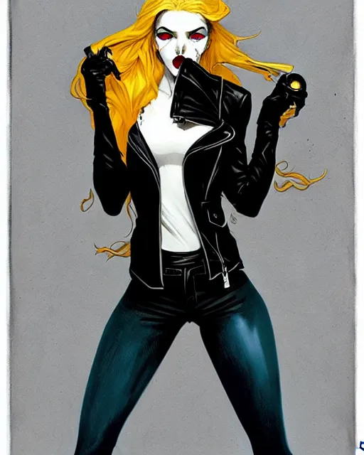 Image similar to rafael albuquerque comic art, art nouveau, peter mohrbacher, artgerm, pretty anya taylor - joy vampire sharp vampire teeth open mouth, black leather jacket, jeans, long blonde hair, full body