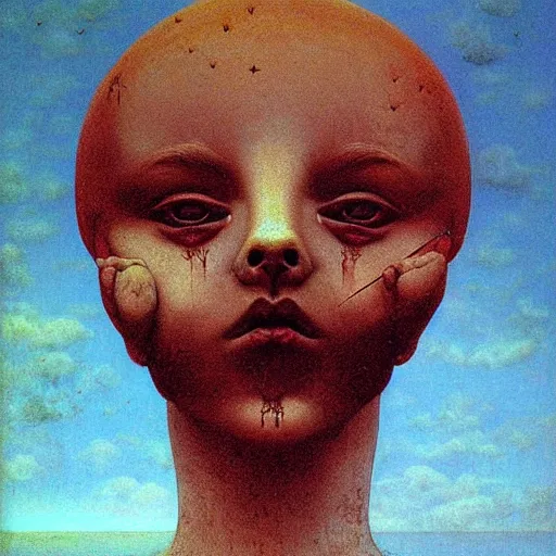 Image similar to cherub with four faces in one, by zdzislaw beksinski