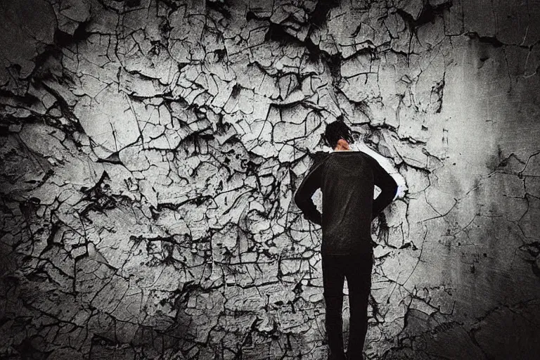 Image similar to “a disturbed man looking at his crumbling limbs, extreme detail, particles drifting across the frame”