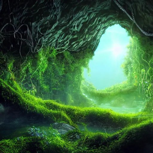 Image similar to glowing cave, hidden by a curtain of vines, covered by lush green vines, rocks, small pool of water, trickling water, stone, hidden, forest, night, glow, magical, magic, fantasy, professional, high quality, highly detailed, award-winning, awe-inspiring, spectacular, HD, 4K, 8K