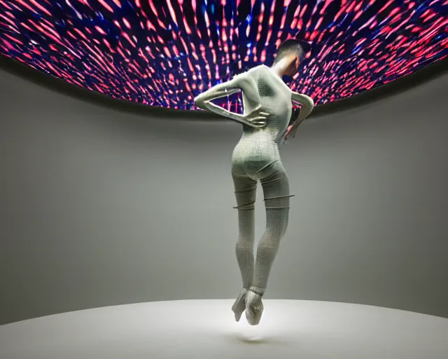 Prompt: a transforming model wearing futuristic bodysuit doing poses on a rotating platform in a photography studio surrounded by lights by james jean and luc tuymans and beeple and hernan bas and pat steir and hilma af klint, psychological, 3 d, dripping paint, high quality render, masterpiece