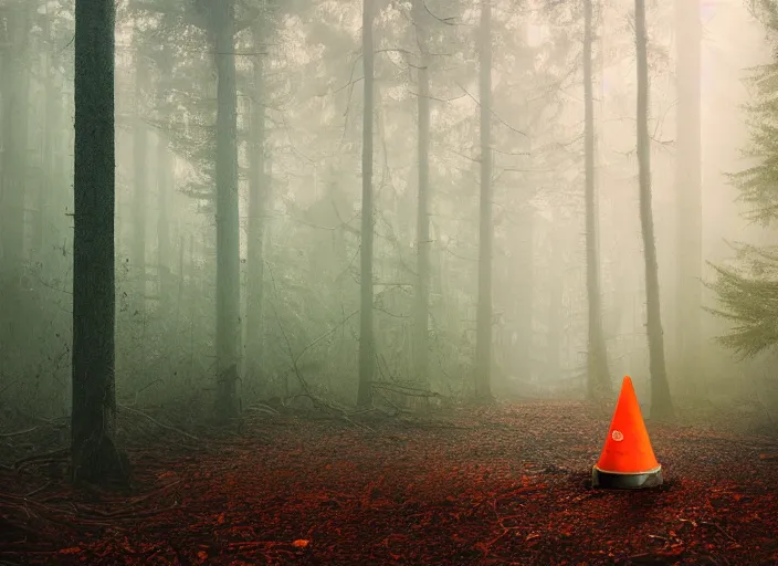 Image similar to a few orange safety cones in a beautiful strange forest, a lonely black hairy beast in the distance, cinematic painting by james jean, atomspheric lighting, moody lighting, dappled light, detailed, digital art, limited color palette, wes anderson, 2 4 mm lens, surreal