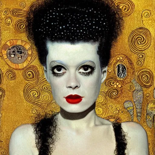 Image similar to bride of frankenstein influenced by gustav klimt.