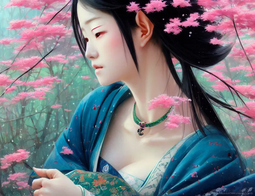 Image similar to a beautiful shibuya 1 0 9 female elf with haori and kimono decollete and jewelry | | snowy, realistic shaded, unpleasant face, channel, fasion, fine details, realistic shaded lighting poster by makoto shinkai, jeremy lipkin, michael garmash, magali villeneuve, artgerm, jeremy lipkin and michael garmash