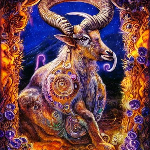 Prompt: horned ram goddess aries by josephine wall, trending on artstation, checking her phone, erupting volcano in distance, flowers in foreground, sunset, stars in sky, fantasy, zodiac, 8 k