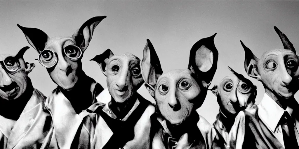 Image similar to six eyed dobby coneheads 1980s pop band, 1980s surrealism aesthetic, detailed facial expressions