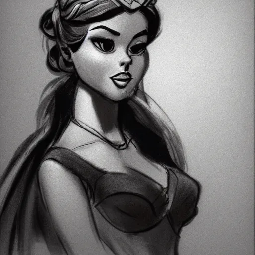 Image similar to milt kahl sketch of vanessa hudgeons with done up hair, tendrils covering face and ponytail as princess padme from star wars episode 3