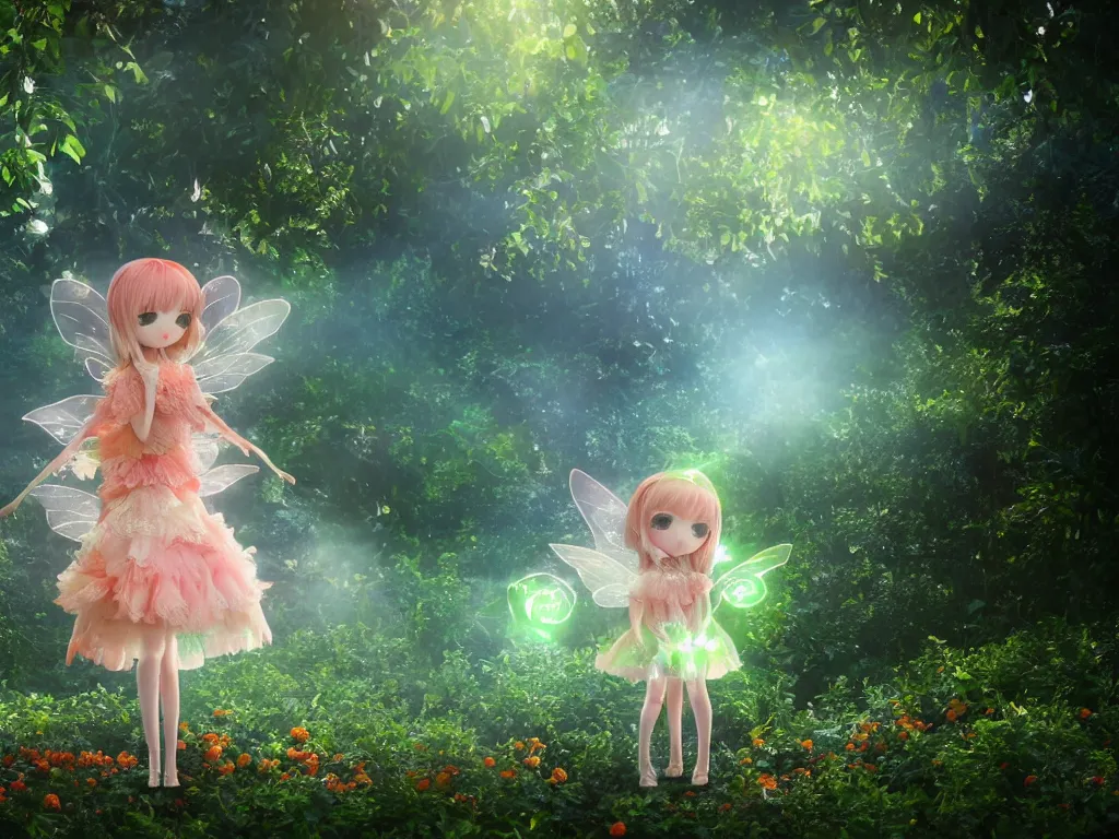 Image similar to cute fumo plush girl among vines in the middle of a lush rose garden, glowing ethereal gothic magical wraith fairy girl, tattered green dress, smoke and orange volumetric fog, blue sky sunshine lens flare, bokeh, vray