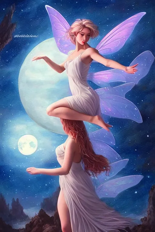 Image similar to attractive fairy magically floating high in the night, fantasy, full moon in background. highly detailed painting by artgerm, mid shot, 8 k