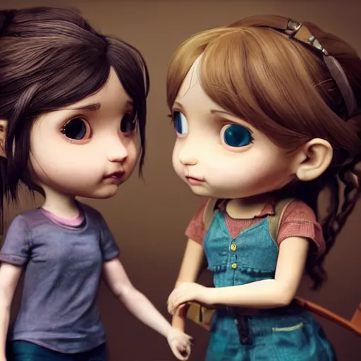 Prompt: Extremely cute and adorable 8k HD key visual of Ellie (The Last of Us) and Ariana Grande posing for the camera making an awesome pose, official media, designed by Mark Ryden and artgerm and Margaret Keane. The art style is quite chibi, with large heads and big wide eyes. 3D render diorama Macro photography