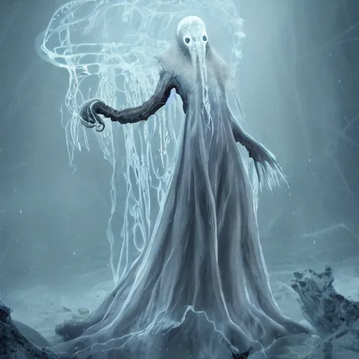 Image similar to concept designs of an ethereal ghostly wraith like figure with a squid like parasite latched onto its transparent skull and long tentacle arms that flow lazily but gracefully at its sides like a cloak while it floats around a frozen rocky tundra in the snow searching for lost souls and that hides amongst the frosted trees, this character has hydrokinesis and electrokinesis for the resident evil village video game franchise with inspiration from the franchise Bloodborne in the style of arcane the series on netflix