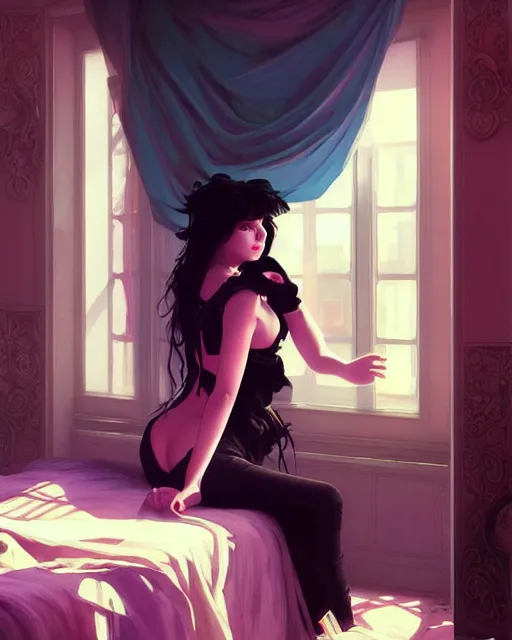 Image similar to emily rajtkowski, goth, posing, vaporwave, modern bedroom!!!!!, highly detailed, digital painting, artstation, concept art, smooth, sharp focus, illustration, art by artgerm and greg rutkowski and alphonse mucha