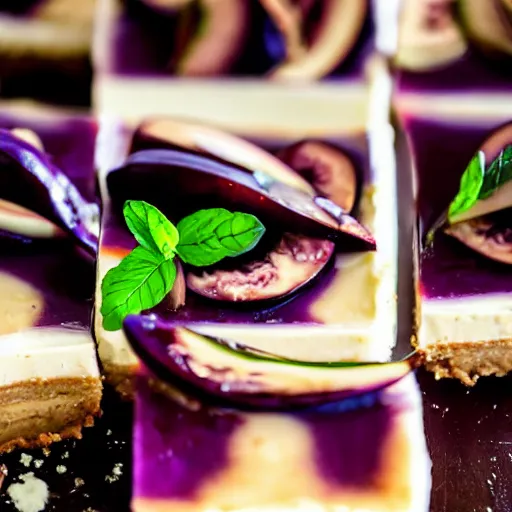 Prompt: close view of a delicious sweet and perfect eggplant cheesecake piece, award winning, 4 k, beautiful