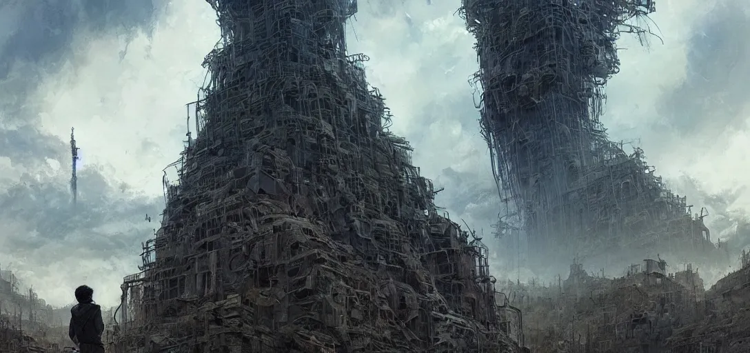 Image similar to WISP owner looking up at giant tower, getting ready to climb and replace radio. Post apocalypitic landscape, dystopia. james gurney, james jean, greg rutkowski, anato finnstark. hyper detailed, 35mm