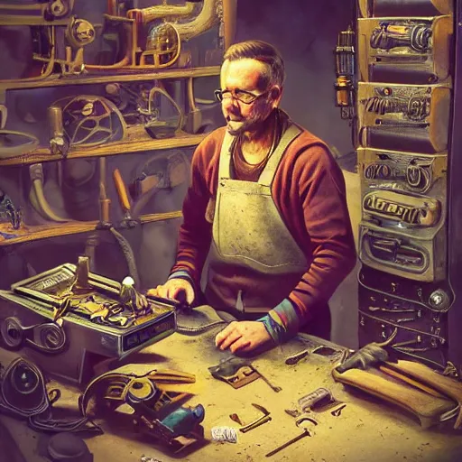 Image similar to a aesthetic portrait of a tinkerer working on ancient machines to do magic