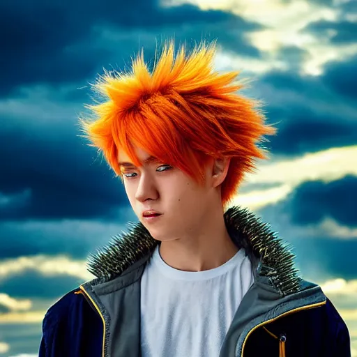 Prompt: orange - haired anime boy, 1 7 - year - old anime boy with wild spiky hair, wearing blue jacket, golden hour, partly cloudy sky, red clouds, orange sky, old town, strong lighting, strong shadows, vivid hues, ultra - realistic, sharp details, subsurface scattering, intricate details, hd anime, 2 0 1 9 anime