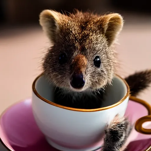 Prompt: baby quokka in a teacup, photography, minimalistic, 8 k